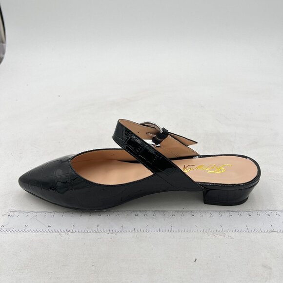 FOWT Black Croc-textured Pointed Toe Low Chunky Heel Strappy Mule Sandal - Picture 2 of 8